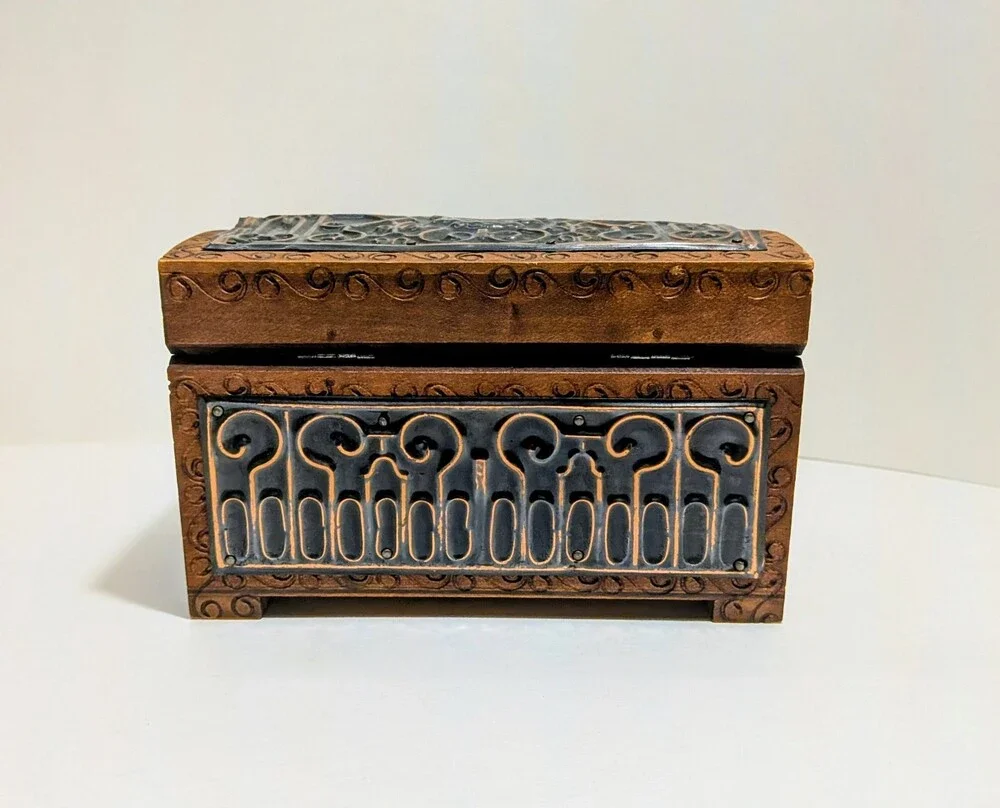 Vintage Kraków Wooden Box Castle Motif Metal Inlay Souvenir with Matching Key